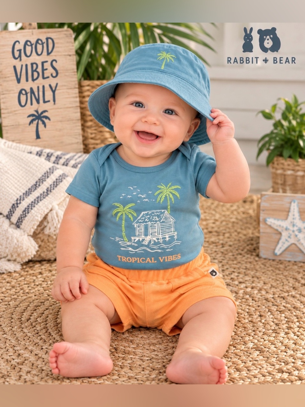 NWT Rabbit + Bear Baby Tropical 3-Pc Set Palm Tree Onesie Shorts Hat